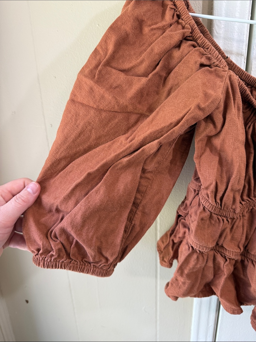 Milkmaid Rust Orange Linen Blend Peasant Crop Top Puff Sleeve Cottagecore Size S - Picture 4 of 8